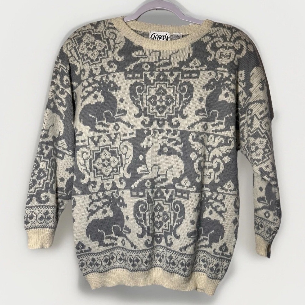 Vintage Genesis Women's Sweater M Fair Isle Nordic Reindeer Holiday Christmas